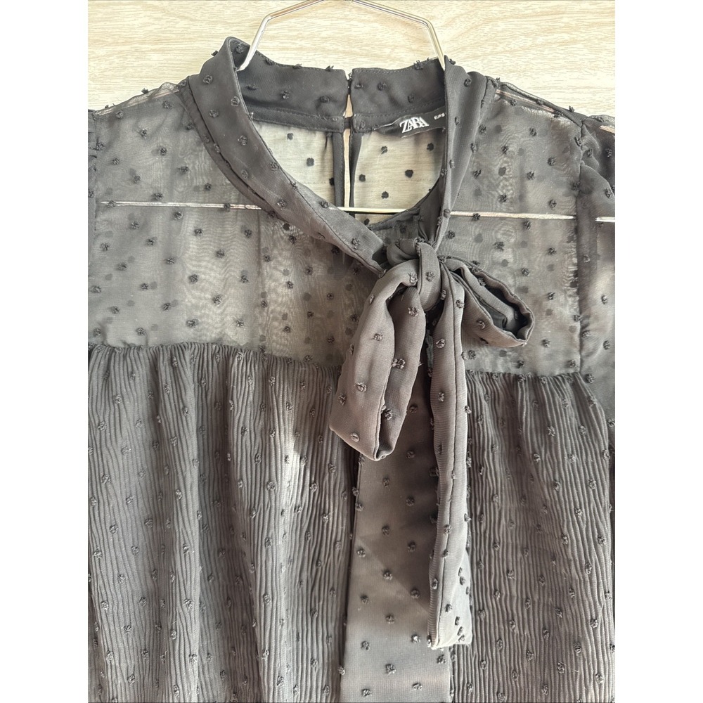 Zara layered Swiss dot blouse Sheer Fabric Bow Neckline  Small - Picture 4 of 8